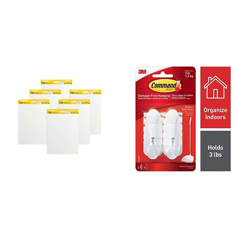Post-it 559 VAD 6 PK 63.5cm x 77.5cm Super Sticky Meeting Flip Chart Pads (Pack of 6) - White+ Command Wire Hooks with Strips - Medium, White