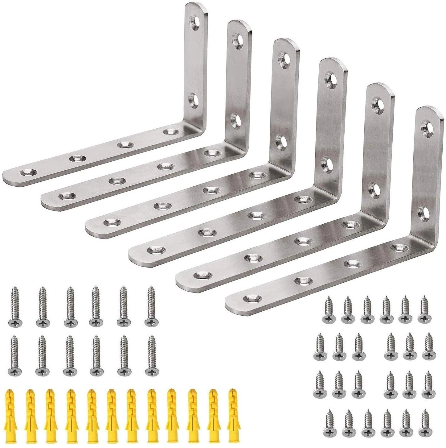 Hyber&Cara 6 Pack Heavy Duty Right Angle Bracket Stainless Steel L Shaped Corner Brace Joint Wall Shelf Support, 125mm×75mm, Screws Included