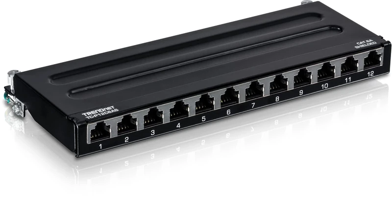 TRENDnet 12-Port Cat6A Shielded Patch Panel, 10G Ready, Cat5e,Cat6,Cat6A Compatible, Metal Housing, Color-Coded Labeling for T568A and T568B Wiring, Cable Management, Wall Mountable, Black,TC-P12C6AS