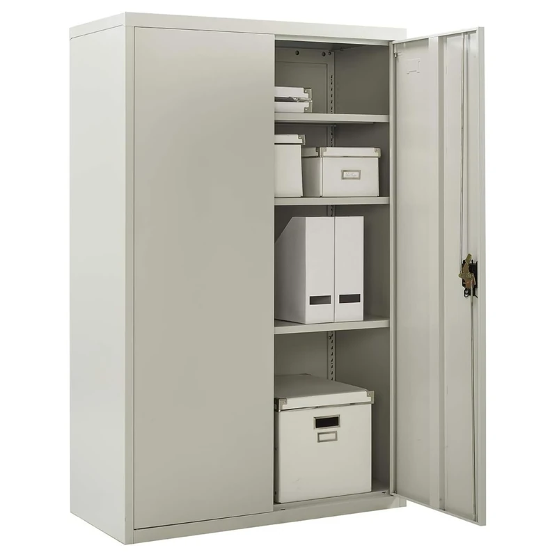 MMT Furniture Metal Storage Cabinet - 2 Door Lockable Filing Cabinet -Storage Cupboard for Home, Office, Files, Pantry, Utility, Garage Tools - 3 Shelf Unit - Grey