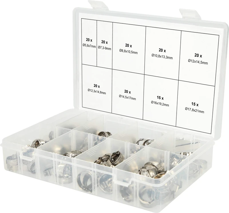 KS Tools 970.0830 Assortment Single Ear Hose Clamps, Ø 5.8-21mm, 170 pcs.