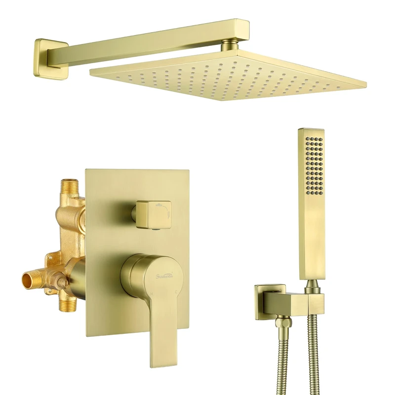 SHAMANDA Pressure Balancing Shower System Bathroom 10-Inch Rain Shower Head with Handheld Mixer Shower Combo Set, Brushed Gold Shower Faucet with Rough-in Valve Body and Trim, Wall Mount, L701-3