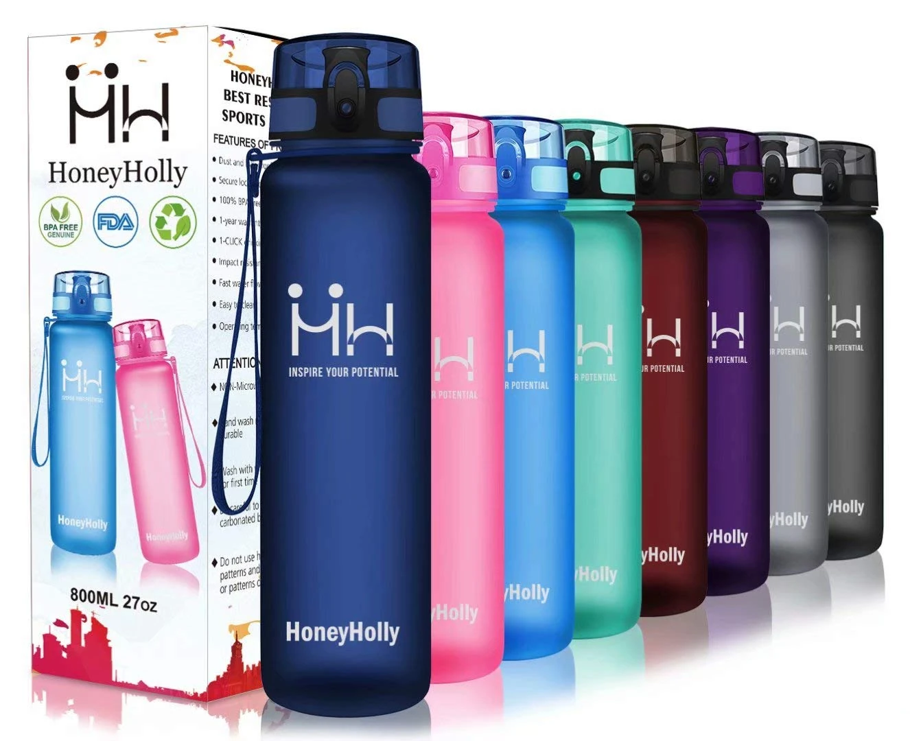 HoneyHolly Sports Water Bottle - 500ML - Filter Water Bottle, BPA Free Water Bottle, Water Bottle with Time Markings, Gym Water Bottle For Kids, Adults, Bike
