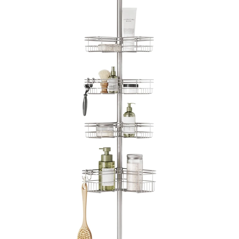 Zenna Home Tension Pole Shower Caddy with 4 L-Shaped Shelves with Hooks, Satin Nickel, 60-97 Inch – Rust-Resistant Corner Shower Organizer Shelf – Premium, Adjustable Shower Rack for Bath Essentials
