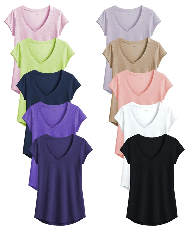 Women's V Neck T Shirts | Short Sleeve Tops | Flowy Slub Burnout Fabric | Active Casual Workout |Multi Packs Colors, 10 Pack-core Solids Pk1, XL