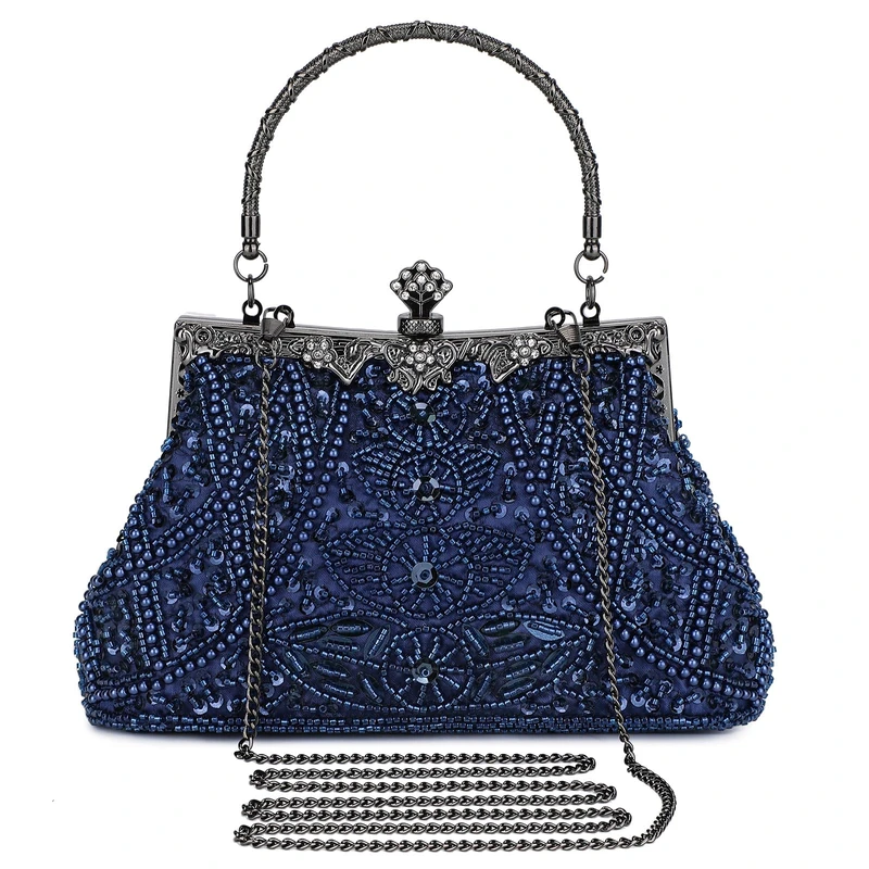 Selighting 1920s Vintage Beaded Clutch Evening Bags for Women Formal Bridal Wedding Clutch Purse Prom Cocktail Party Handbags (Blue)