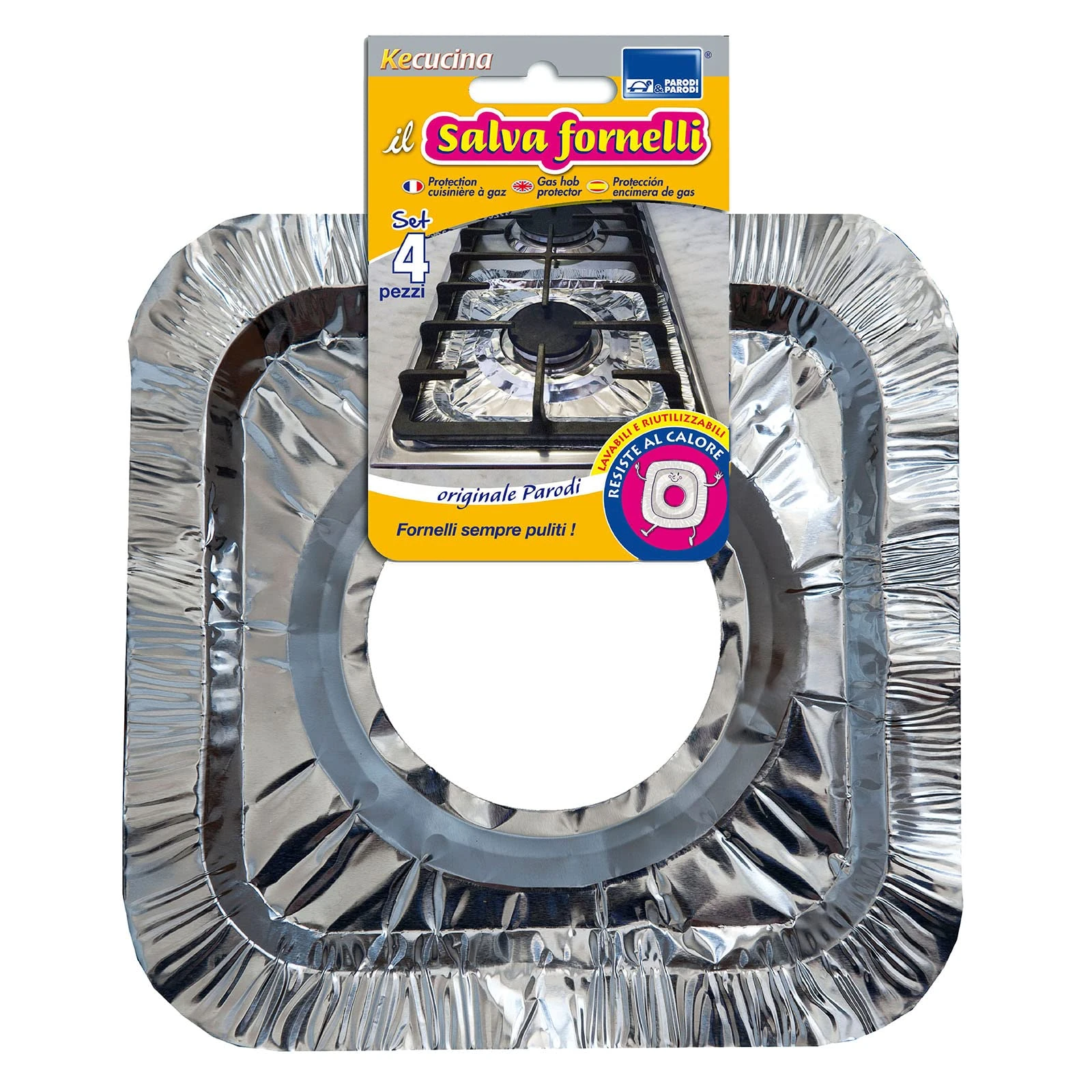 PARODI & PARODI - Aluminium Gas Hob Protector, Reusable Fireproof Protection for Stoves Prevents Dirt Fires in The Kitchen, Home Accessories, Set of 4 Pieces 23 x 23 cm ⌀ Universal