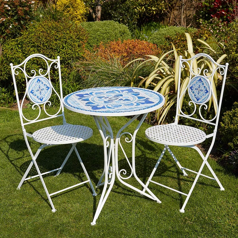 Home Source Fenton Mosaic Patio Outdoor Bistro Set, Round Table and 2 Folding Chairs, Metal Garden Furniture, White