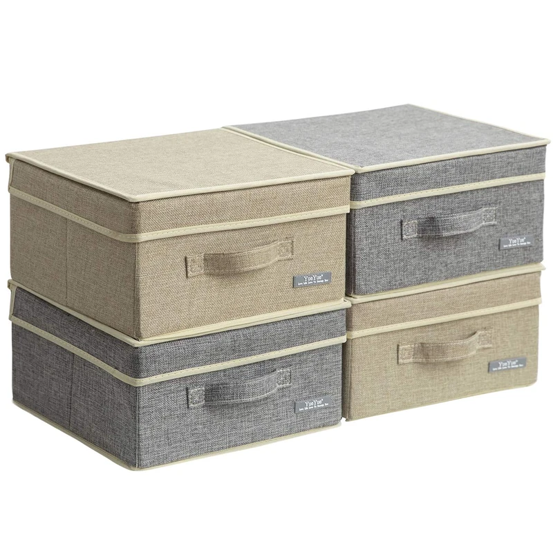 YueYue 4 Pack Small Fabric Storage Box with Lids, Foldable Linen Storage Box with Lids 4 Pieces Gray&Linen Set 12.4in/12in/6.7in
