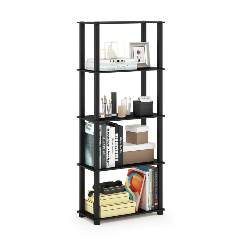 Furinno TURN-S-TUBE Book Shelf, 5-Tier Toolless Storage Shelves with Square Tubes, Shelving Unit for Organization and Storage for Living Room, Home Office, Americano