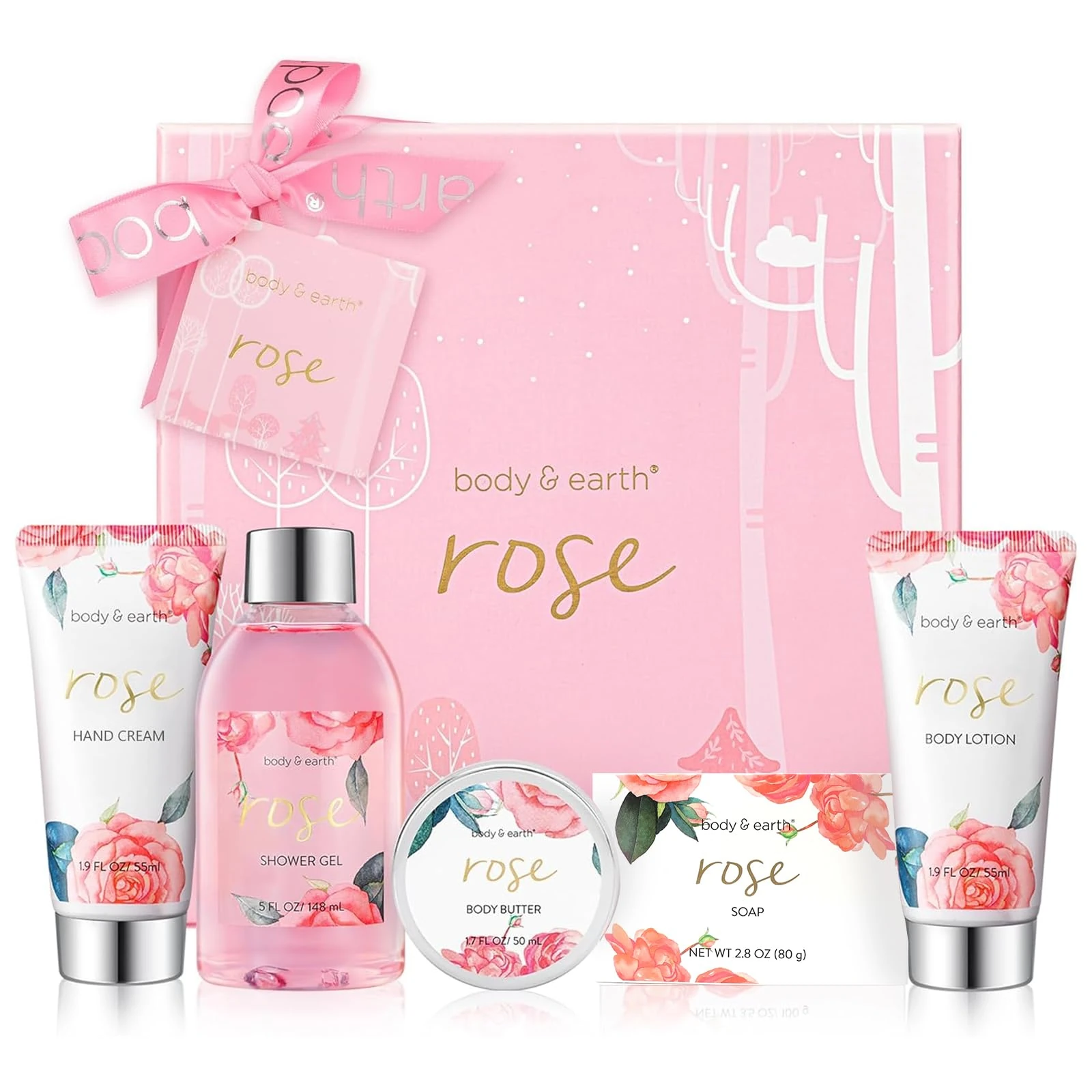 BODY & EARTH Bath Spa Women Gift Set, 5 Pcs Rose Gifts Sets Box for Her Pamper Gift for Women with Soap, Shower Gel, Body Butter, Body Lotion Mothers Day Gifts Christmas gifts