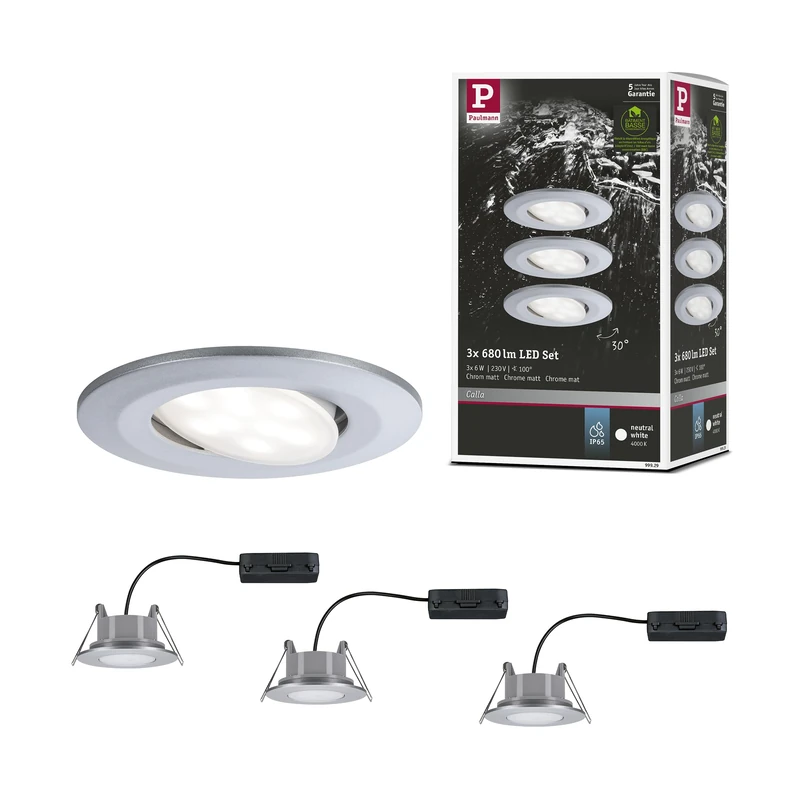 Paulmann 99929 Calla LED recessed luminaire Round Set of 3 incl. 3x6W IP65 recessed Spotlight Chrome matt Cabinet Light Plastic recessed lamp 4000K