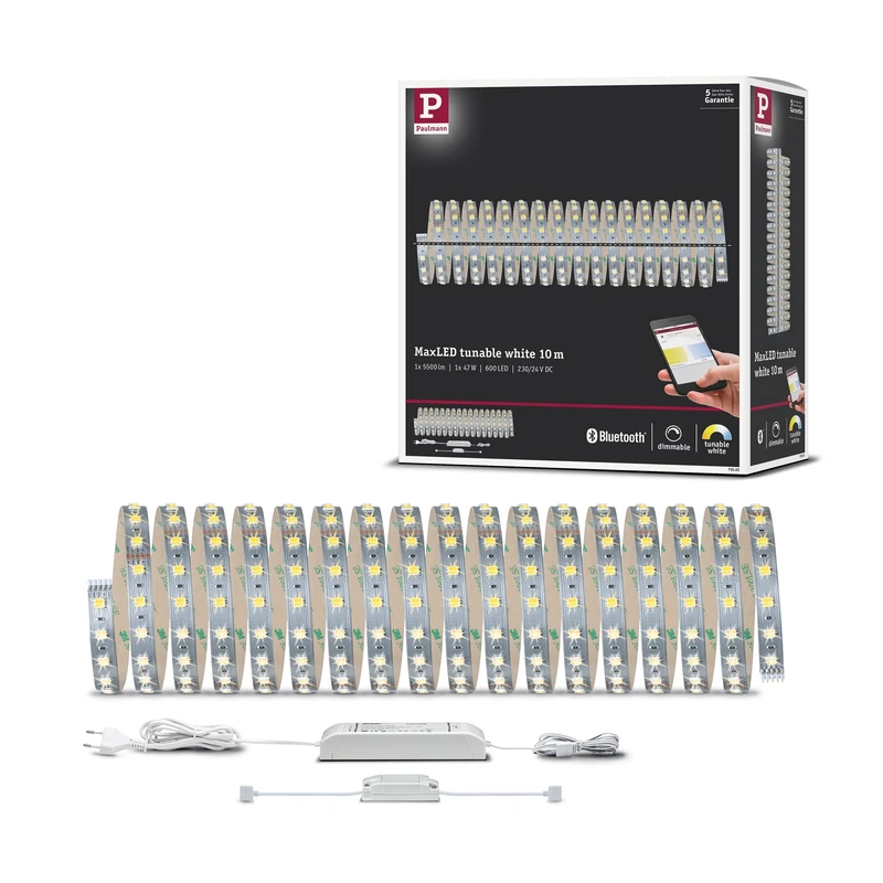 Paulmann 70565 LED Strip SmartHome MaxLED Tunable White Basic Set incl. 1x47 watt dimmable Lighting Strip Silver Light Strip Plastic LED Strip 3000 K