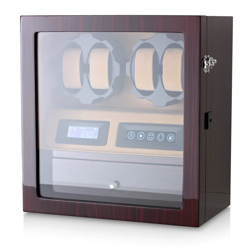 4 Watch Winder with 5 Watch Storage Space, LCD Display, Touch Control and Interior Light, Ebony + Beige Velvet, Leader Watch Winders