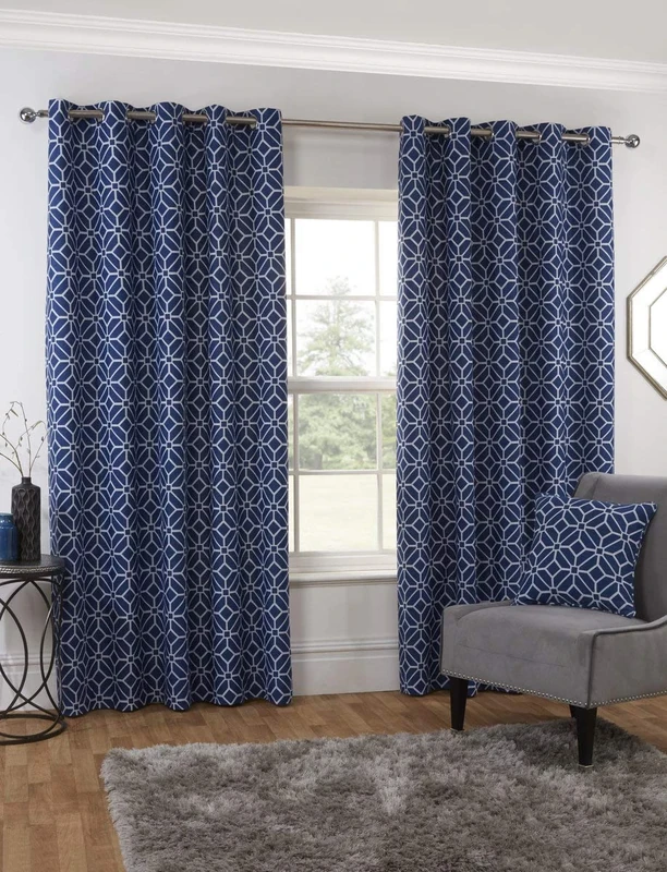 Sundour Kelso Navy Eyelet Curtains 90" x 90" Geometric Fully Lined Pair, Wide x 90" Drop (229x229cm)
