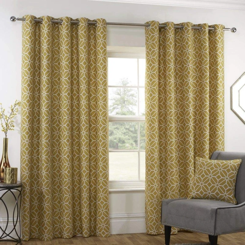 Sundour Kelso Ochre Eyelet Curtains 66" x 72" Geometric Fully Lined Pair, 66" Wide x 72" Drop (168x183cm)
