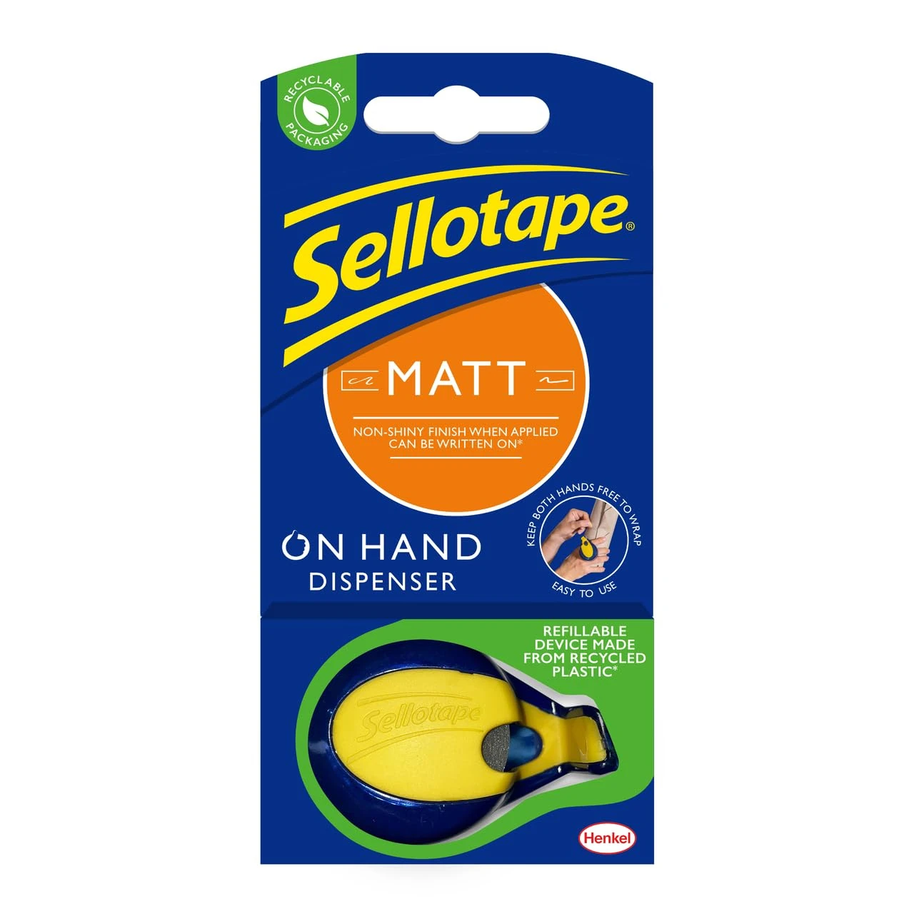 Sellotape On-Hand Dispenser with Invisible Matt Tape, Both hands free for crafting and wrapping, Includes Refillable Dispenser & Invisible Matt Tape Roll (18mm x 15m)