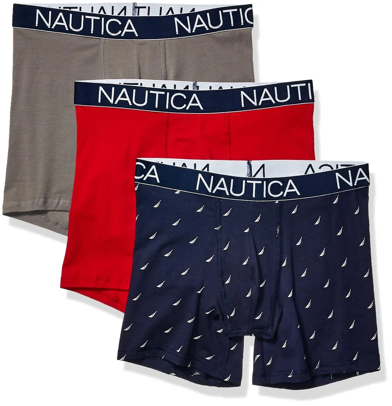 Nautica Men's 3-Pack Classic Cotton Stretch Boxer Shorts Briefs, red/Platinum Grey/sail Print Peacock, XL (Pack of 3)