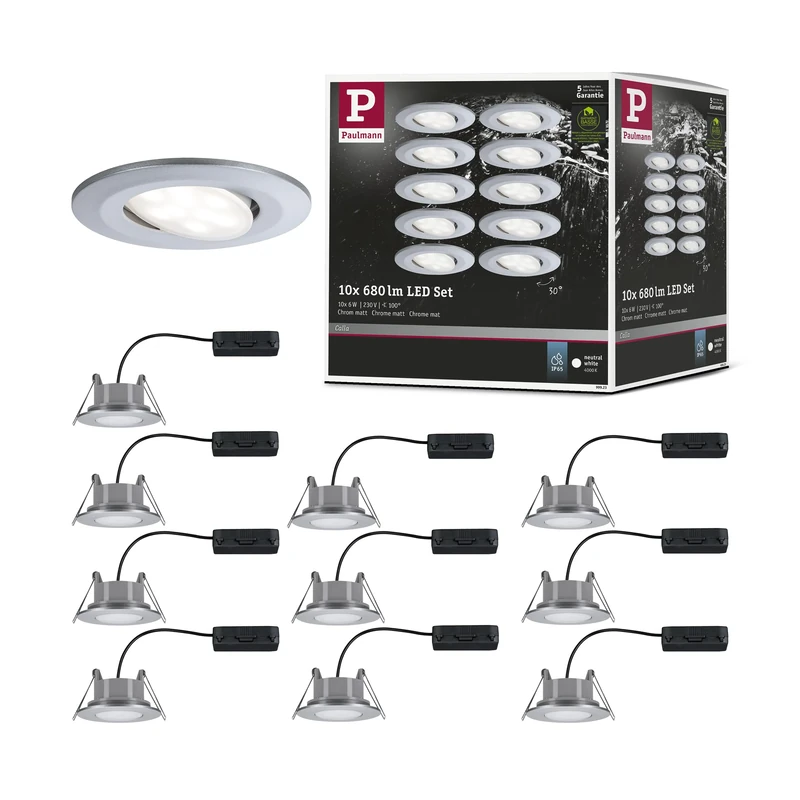 Paulmann 99923 Calla LED recessed luminaire Round Set of 10 incl. 10x6W IP65 recessed Spotlight Chrome matt Cabinet Light Plastic recessed lamp 4000K