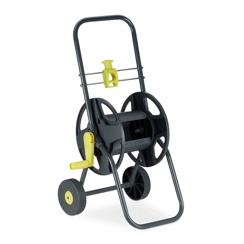 Relaxdays Hosepipe Cart 45 m. Mobile Garden Hose Trolley, Hose Holder, 76.5 x 44 x 41 cm, Grey/Yellow
