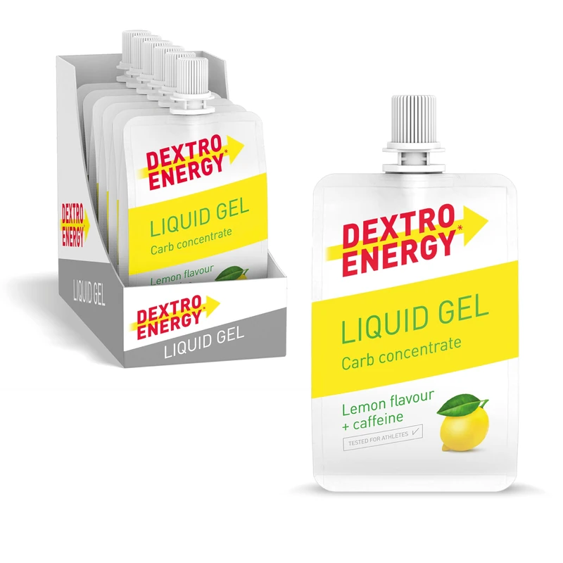 Dextro Energy Lemon Energy Gel | NON-Sticky Fast Acting Drinkable Liquid Energy | a Quick Burst of Glucose with Caffeine | 28g of Carbohydrates | For Running or Cycling | Vegan I Pack of 12