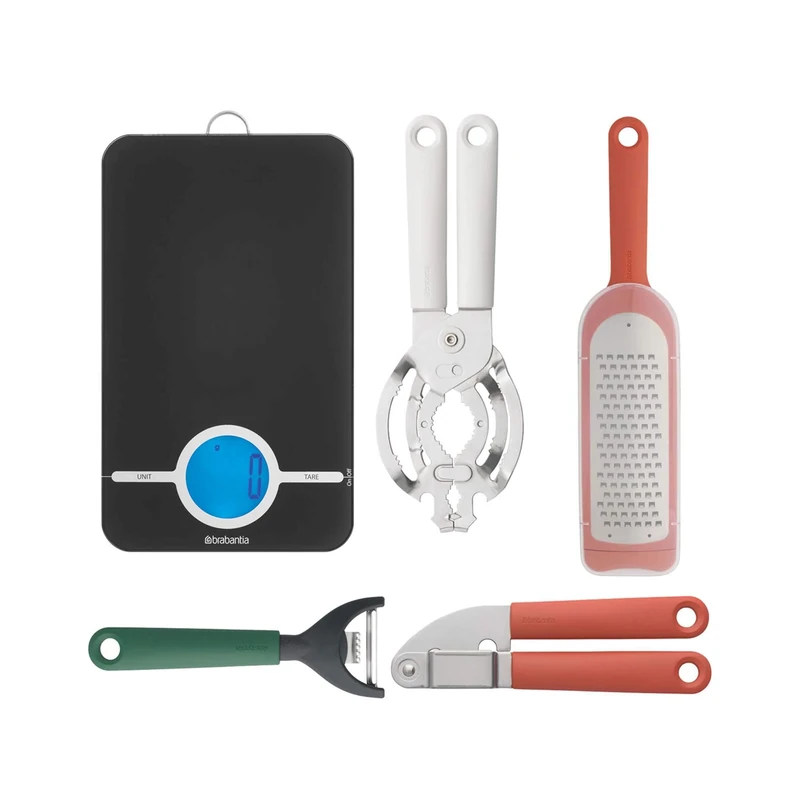 Brabantia Ice Cream Scoop + Garlic Press + Universal Tin/Can Opener + Digital Kitchen Scales + Coarse Grater Plus Cover + Food Peeler Y Shaped Plus Zester