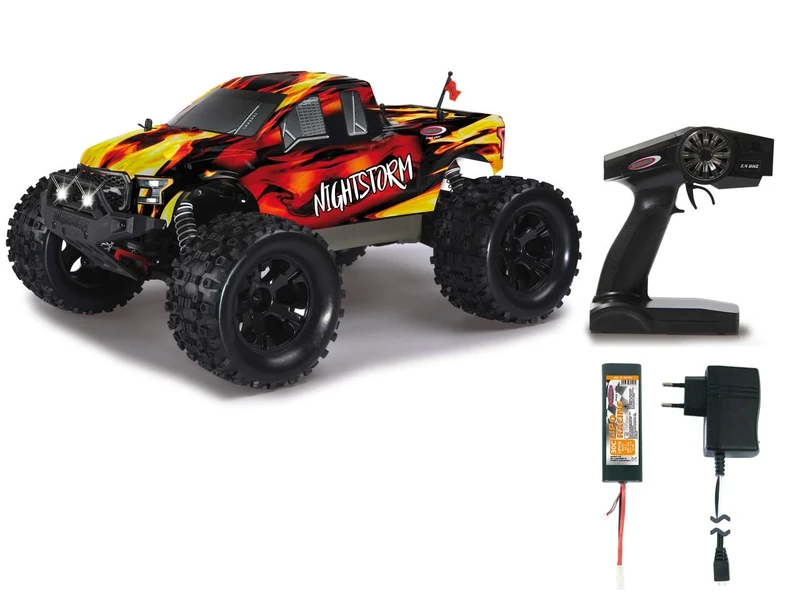 Jamara 059737 - Nightstorm Monstertruck BL 4WD 1:10 Lipo 2,4GHz with LED – RTR, Brushless, LED, Electronic completely splash-proof, Adjustable oil-pressure shock absorber, Dirtproof gear