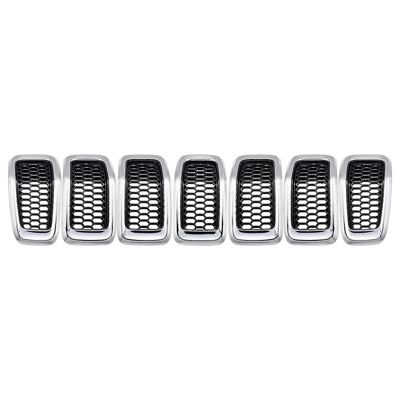 Compatible with 2014-2018 Jeep Cherokee 4-Door Grille Grill Cover Trim Insert Kit 7pcs (Black Mesh Grille + Chrome Moulding Trim)