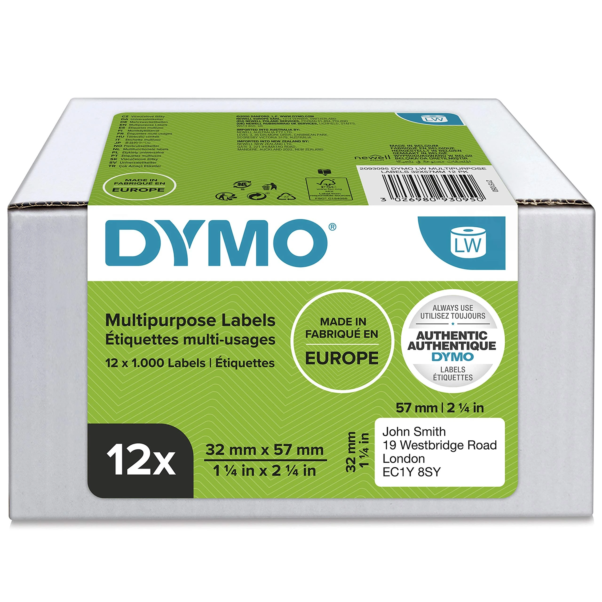 DYMO Authentic LabelWriter Multi-Purpose Labels | 32mm x 57mm | 12 Rolls of 1,000 Easy-Peel Labels (12,000 Count) | Self-Adhesive | for LabelWriter Label Makers