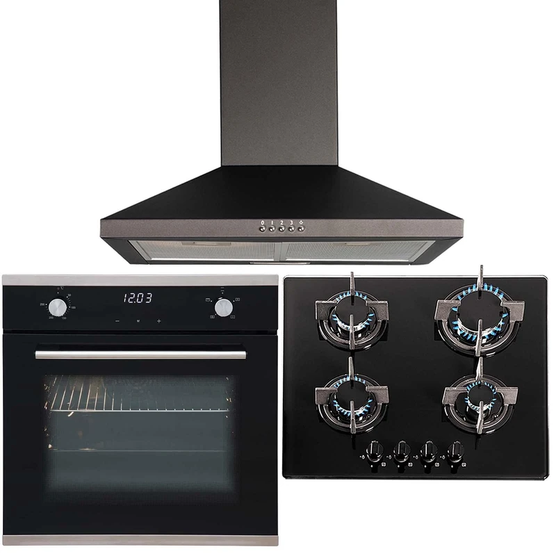 SIA 60cm Black Single Touch Control Fan Oven, 4 Burner Gas Hob And Cooker Hood