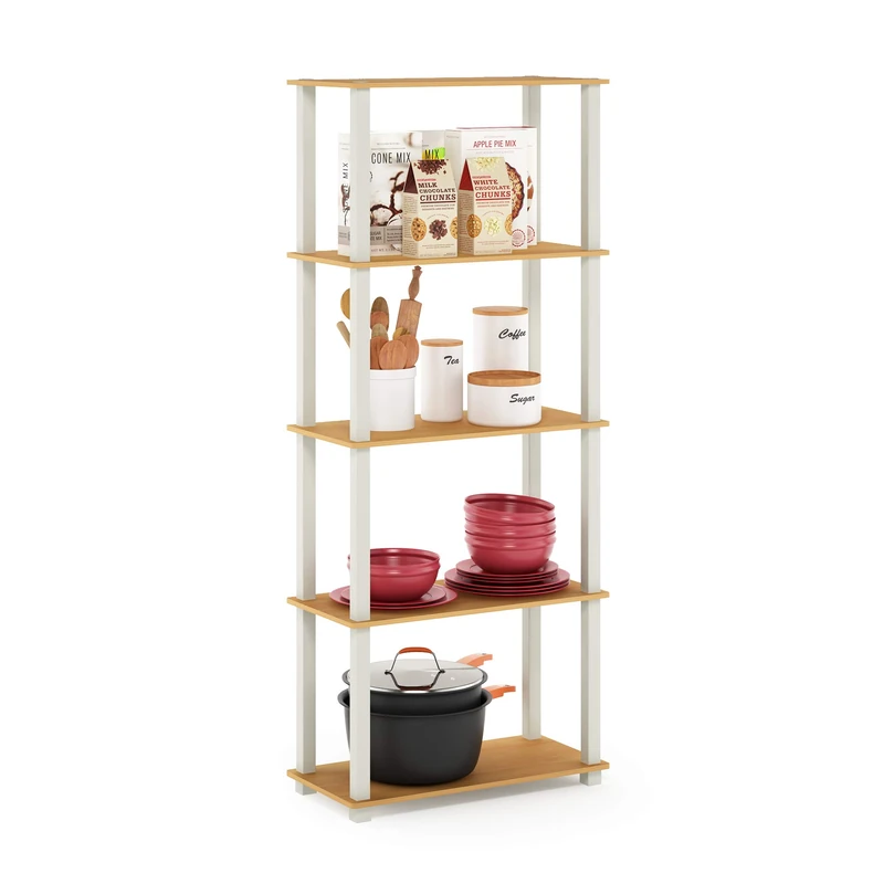Furinno TURN-S-TUBE Book Shelf, 5-Tier Toolless Storage Shelves with Square Tubes, Shelving Unit for Organization and Storage for Living Room, Home Office, Beech