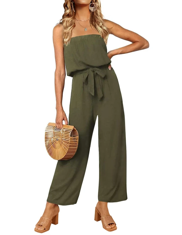ZESICA Women's Casual Off Shoulder Solid Color Strapless Belted Wide Leg Jumpsuit Romper - Green - Medium