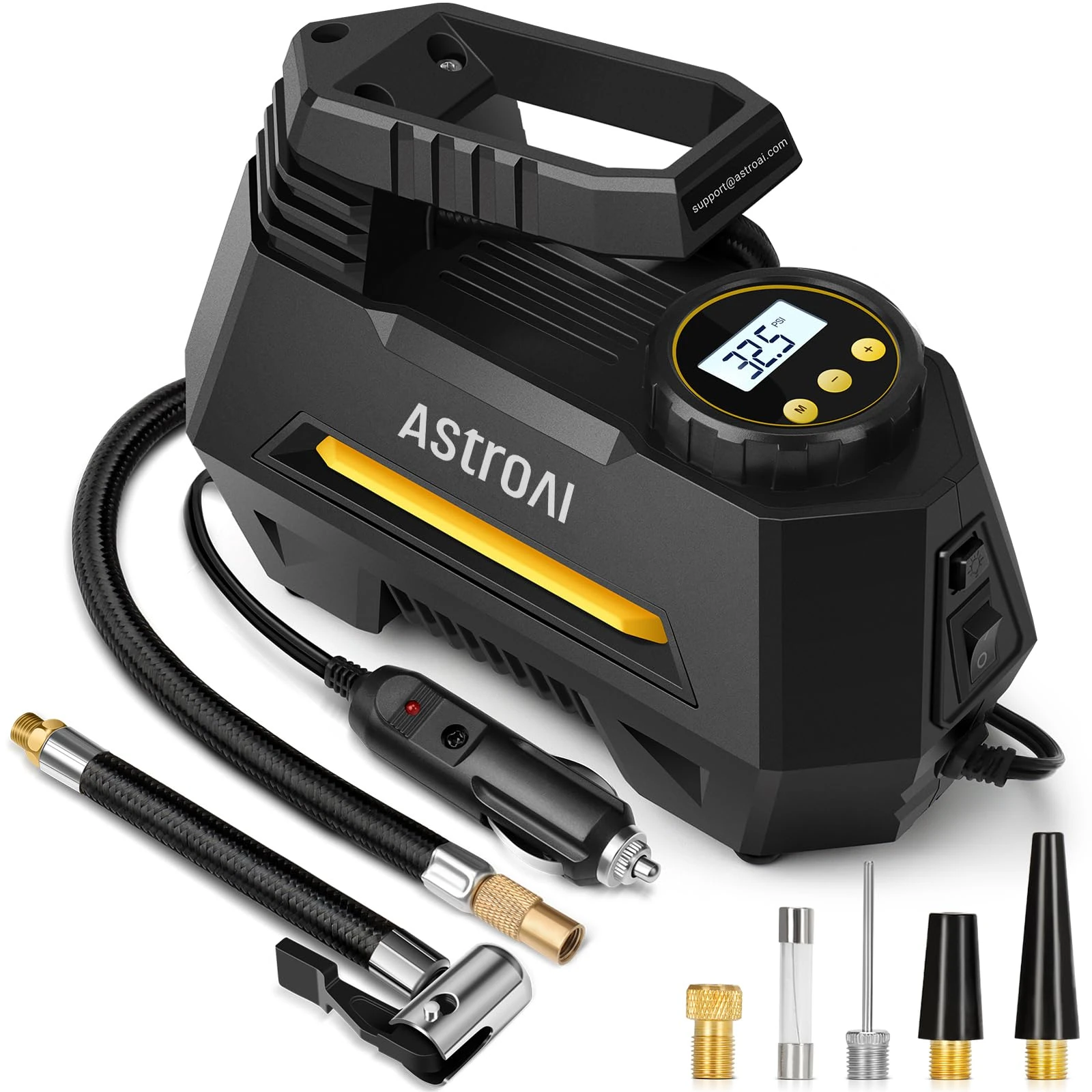 AstroAI Tyre Inflator Air Compressor 12V DC, 35LPM 100W Powerful Portable Car Tyre Pump Auto-Stop with Digital Pressure Gauge, 4 Valve Adaptors and LED Light, Car Accessories