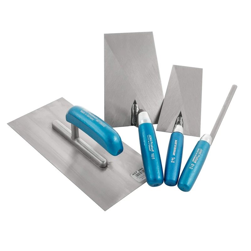 Jung Henkelmann 40000400 Trowels Set of 4 (Starter Set, Carbon Steel, Brick Trowel, Cleaning Trowel, Grout Trowel) - Image 1