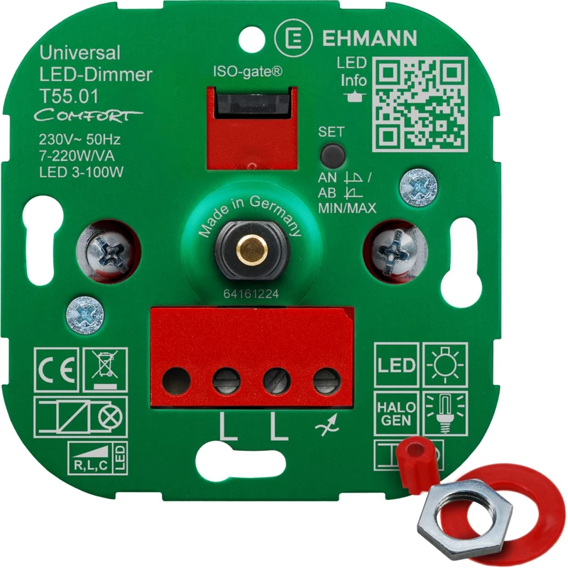 EHMANN 5500 x 0100 T55.01 Universal Dimmer Comfort with ISO Gate Technology, Flush-Mounted Rotary Dimmer, Dimming Principle Freely Selectable, Power: LED 3-100W, 7-220W/VA