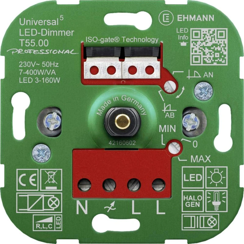 EHMANN 5500 x 0000 T55.00 Universal Dimmer Professional with ISO Gate Technology, Flush-Mounted Rotary Dimmer/Dimming Principle Freely Selectable/Power: LED 3-160 W / 7-400 W/VA Includes Switch