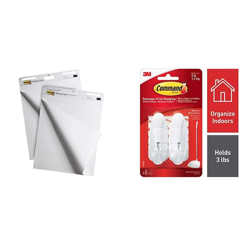 Post-it Notes Pack of 2 Blocks of Sheets Super Sticky Wall + 4 Pads Super Sticky for meetings, Neon Colours+ Command Wire Hooks with Strips - Medium, White