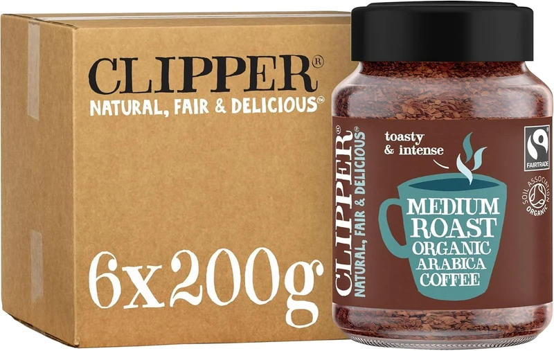 Clipper Fairtrade Medium Roast Organic Arabica Instant Coffee | 6 x 200g Jars | Bulk Buy for Home & Catering | Gourmet Coffee | Sustainable Fairtrade Coffee by Clipper Teas