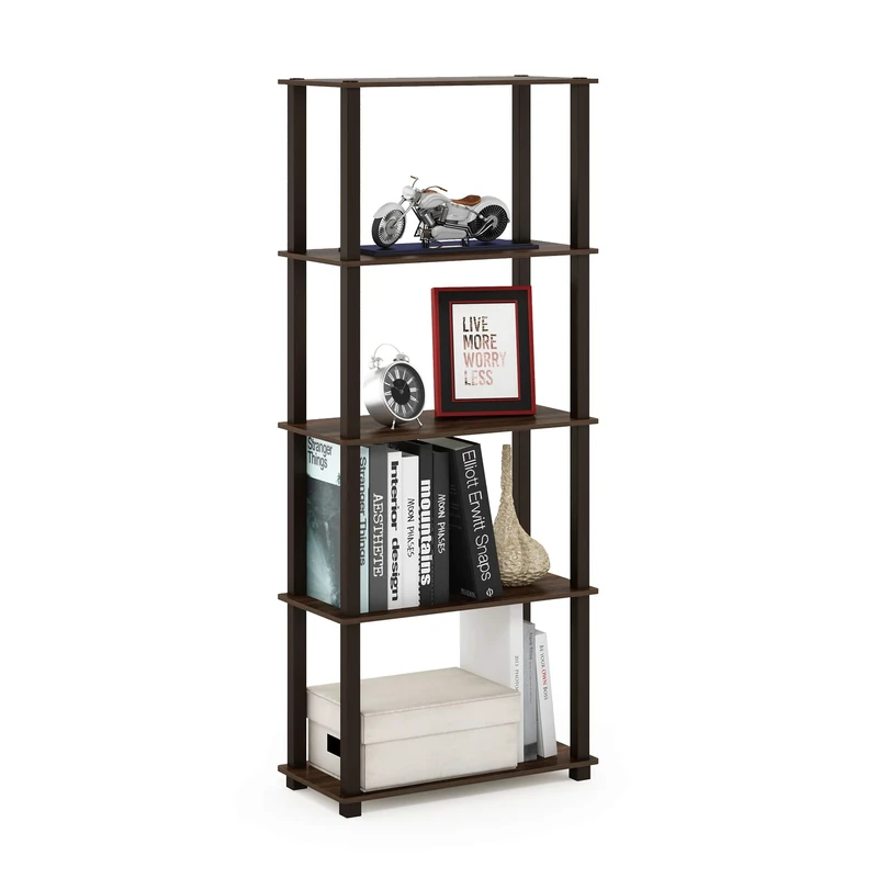Furinno TURN-S-TUBE Book Shelf, 5-Tier Toolless Storage Shelves with Square Tubes, Shelving Unit for Organization and Storage for Living Room, Home Office, Walnut