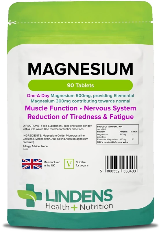 Lindens 500mg Magnesium Tablets | 90s 1-a-Day | UK Made | Tiredness, Muscle Function, Energy, Bones, Teeth, Nervous System | Letterbox Friendly | Vegan