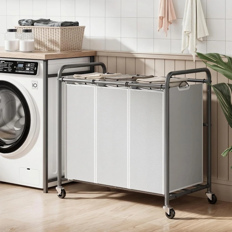 ROMOON Laundry Sorter, 3 Bag Laundry Hamper Sorter with Rolling Heavy Duty Casters, Laundry Organizer Cart for Clothes Storage, Gray