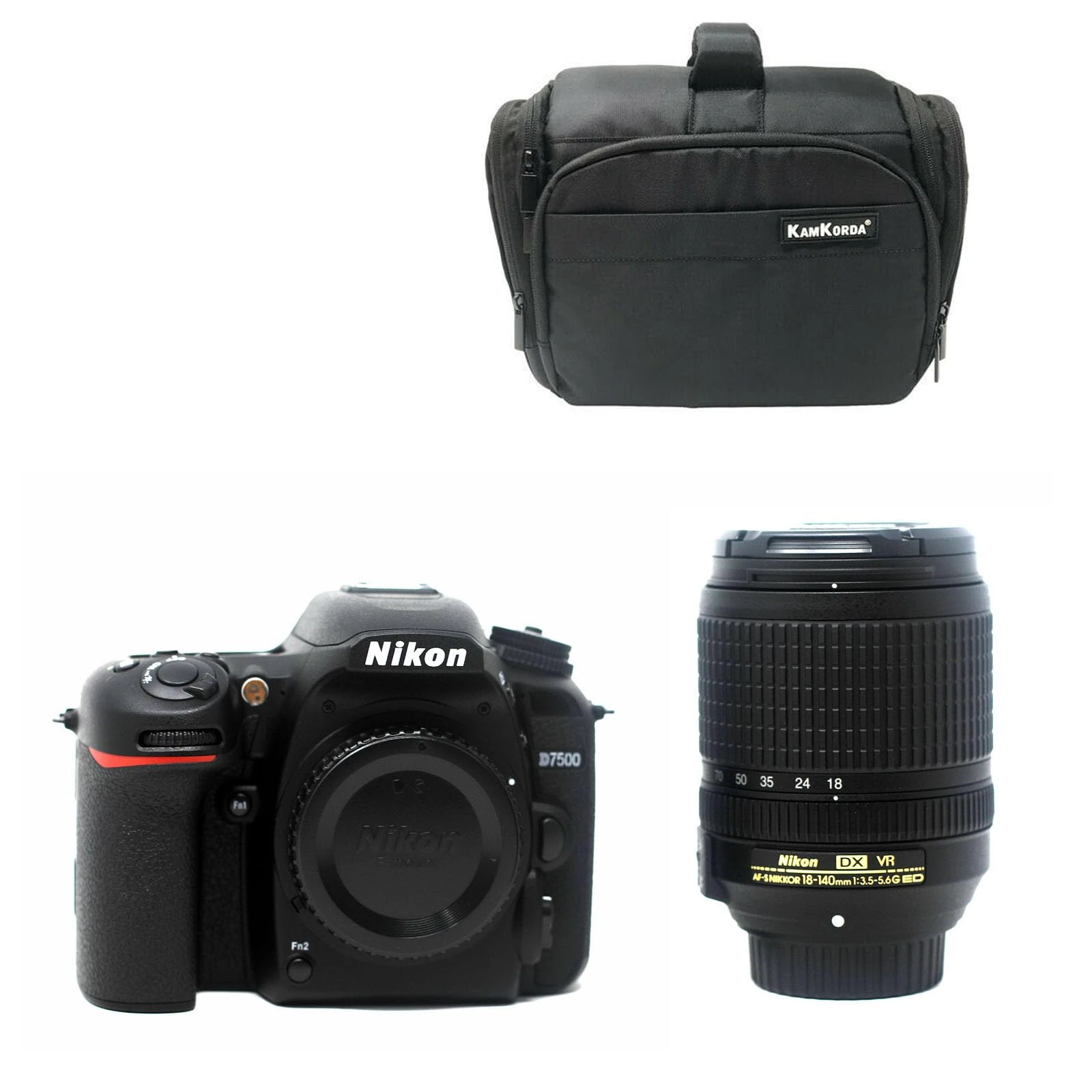 KamKorda Camera Bag + D7500 DSLR Camera + AF-S 18-140mm VR, 20.9MP DX-Format CMOS Sensor, EXPEED 5 Image Processor, 4K UHD Video, 3.2" Tilting Touchscreen LCD + 2 Year Warranty Black
