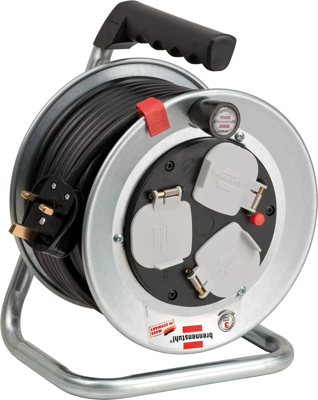 Brennenstuhl Garant S Compact 3-Way Socket Cable Reel for Indoor use (15m Extension Cable, Rust-Proof, Ergonomic Handle, Black Cable, Made in Germany)