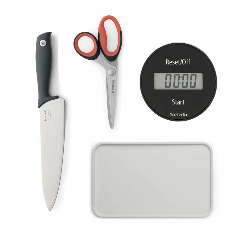 Brabantia Tasty+ Chef's Knife + Kitchen Scissors + Magnetic Kitchen Timer + Chopping Board and Serving Tray