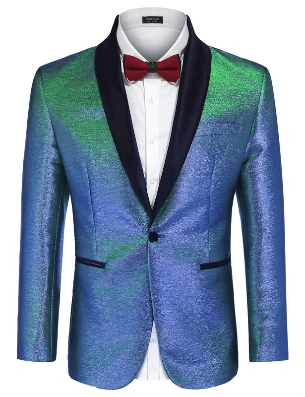 COOFANDY Men's Tuxedo Jacket Slim Fit Shawl Lapel Blazer One Button Suit Jackets for Party Prom Wedding Dinner, Shiny Blue, L