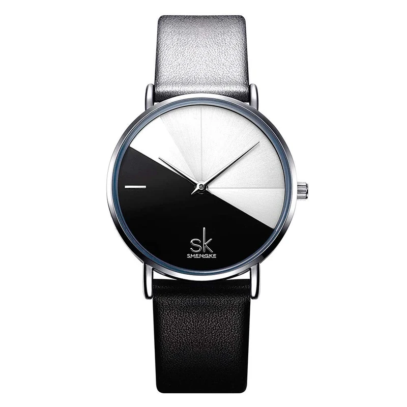 SHENGKE Creative Contrast Color Simplicity Women Watch Genuine Leather Elegant Women Watches Ladies Wristwatch(K0095-Black&White)