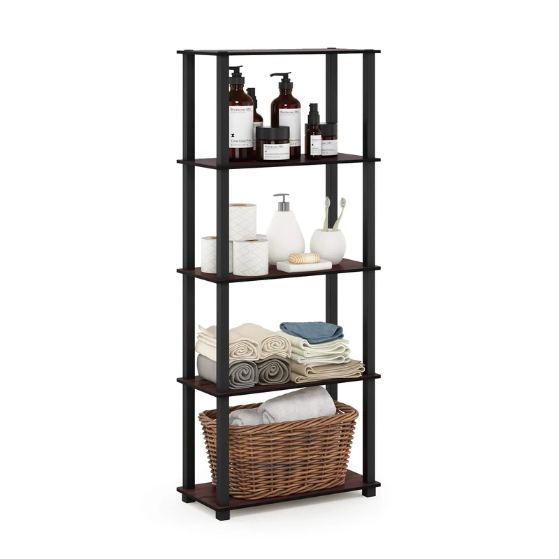Furinno TURN-S-TUBE Book Shelf, 5-Tier Toolless Storage Shelves with Square Tubes, Shelving Unit for Organization and Storage for Living Room, Home Office, Dark Cherry