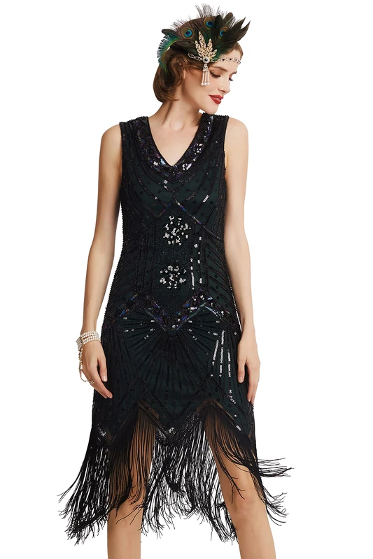 BABEYOND Women's Flapper Dresses 1920s V Neck Beaded Fringed Great Gatsby Dress (DarkGreen 2, XXXL)