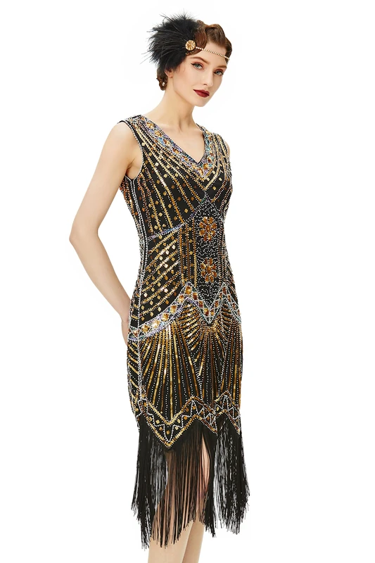 BABEYOND Women's Flapper Dresses 1920s V Neck Beaded Fringed Great Gatsby Dress (Gold, XXXL)
