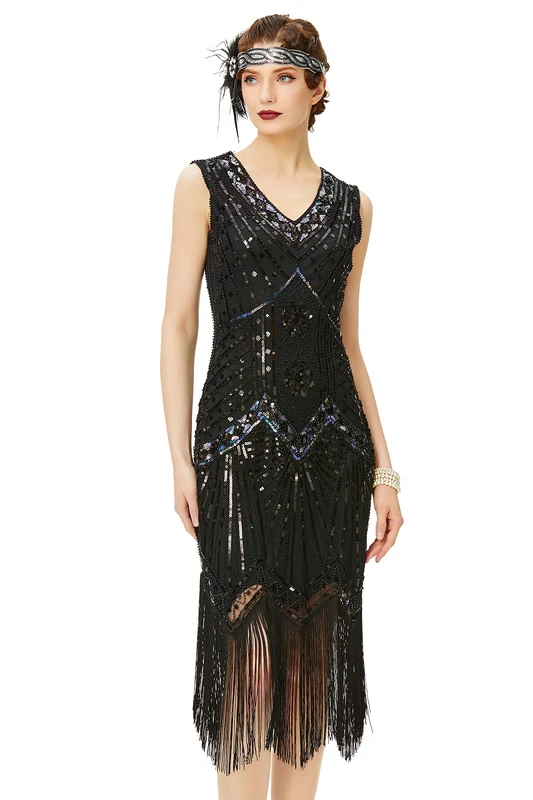 BABEYOND Women's Flapper Dresses 1920s V Neck Beaded Fringed Great Gatsby Dress (Black, XS)